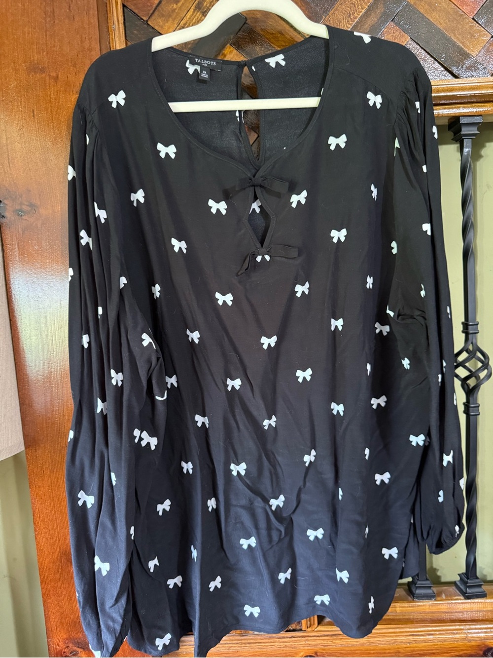 Talbots Black Blouse with White Bow Print and Tie Front
